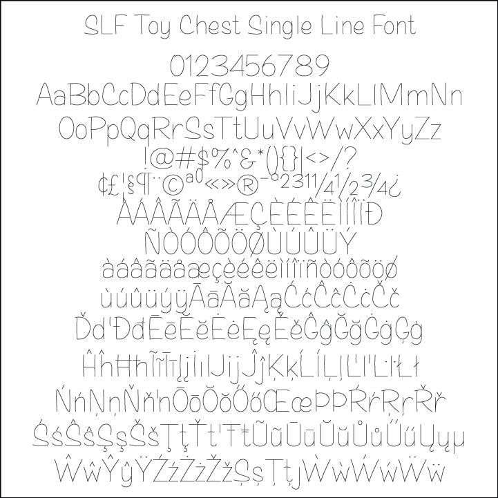 SLF Toy Chest font character map showing uppercase, lowercase, numbers, and accented symbols