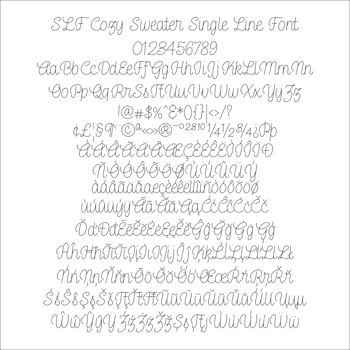 SLF Cozy Sweater character map with alphabet and symbols