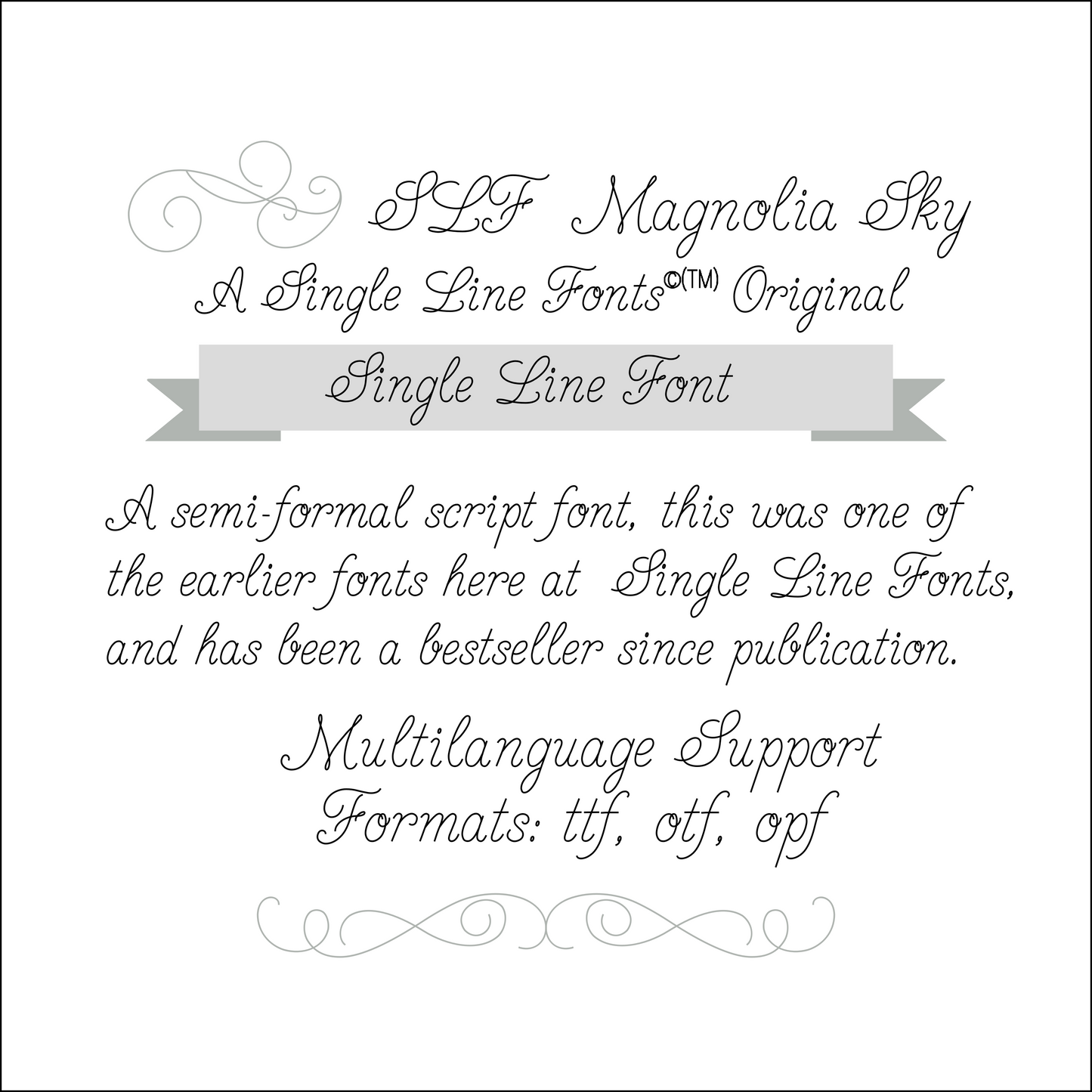 Font preview for SLF Magnolia Sky, a single line font with multilanguage support for Glowforge, Silhouette, Cricut, and more.  Great for greeting cards too.