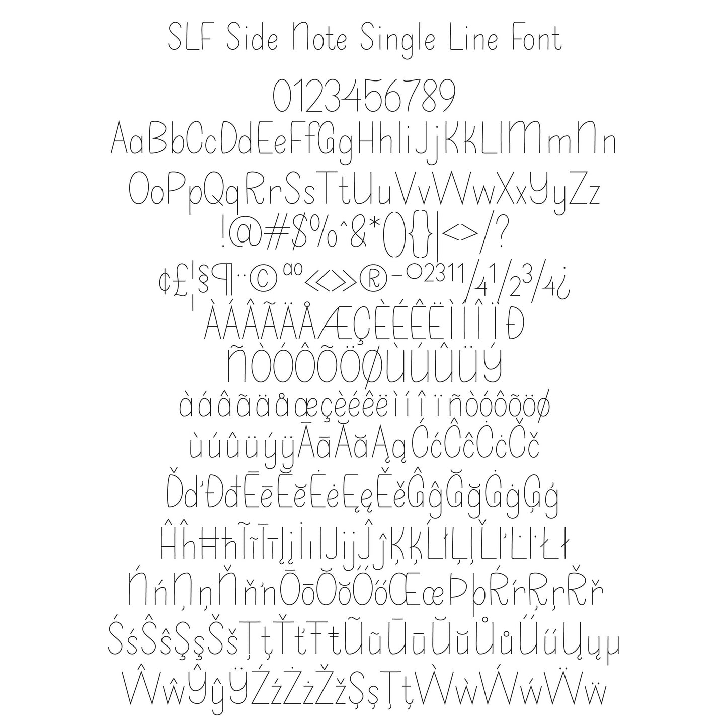SLF Side Note font character set showing alphabet, numbers, punctuation, and symbols
