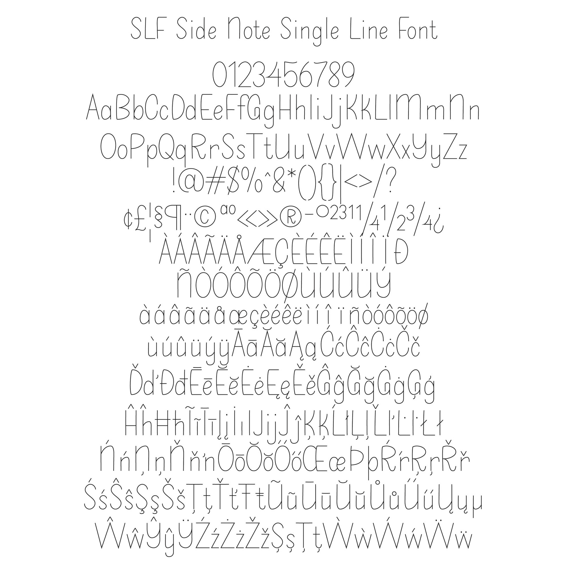 SLF Side Note font character set showing alphabet, numbers, punctuation, and symbols