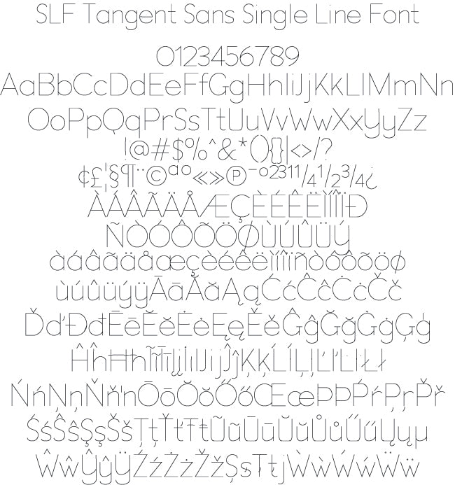 SLF Tangent Sans alphabet, numbers, punctuation, and accented symbols chart