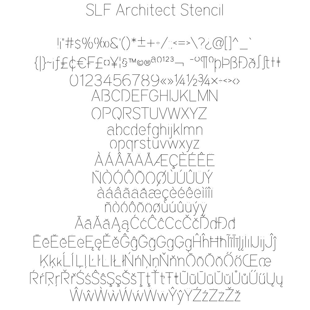 SLF Architect Stencil character map showing alphabet and symbols