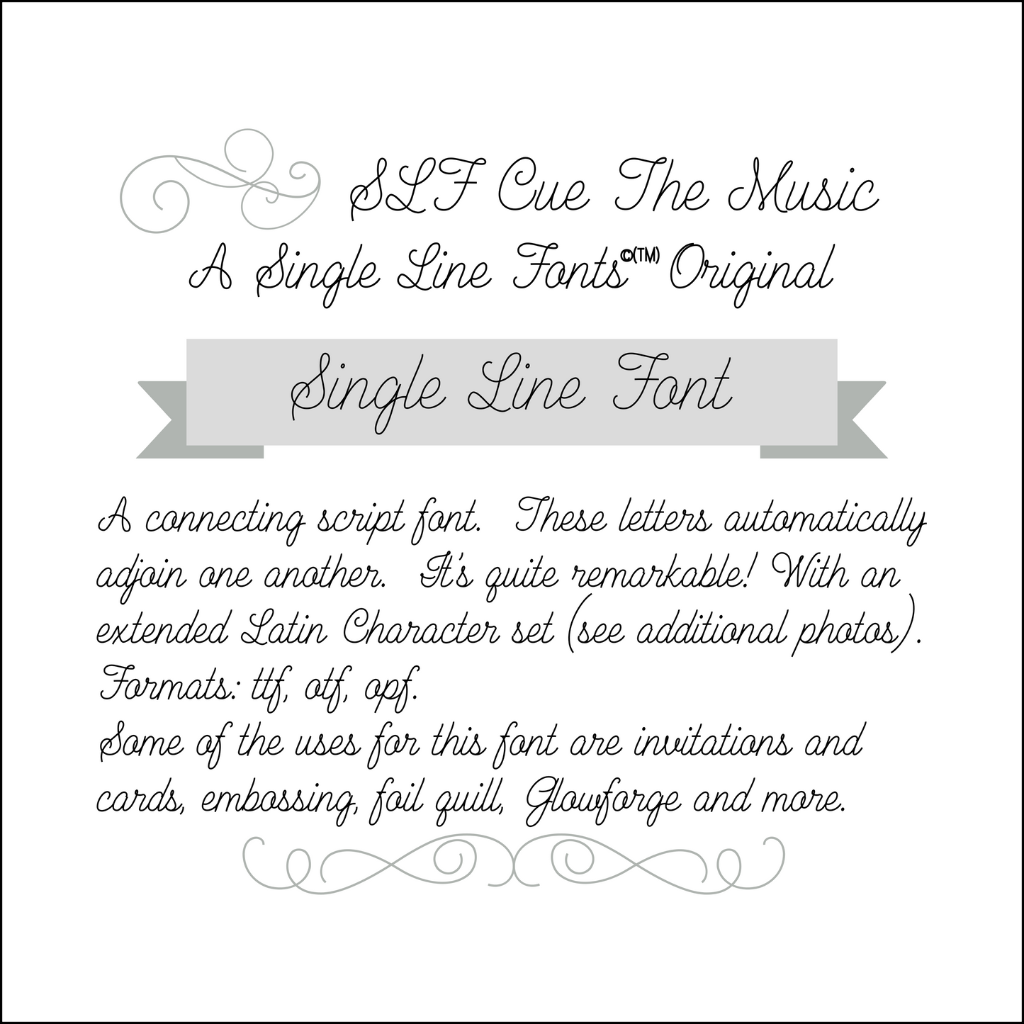 SLF Cue The Music single line print font preview with dynamic lettering