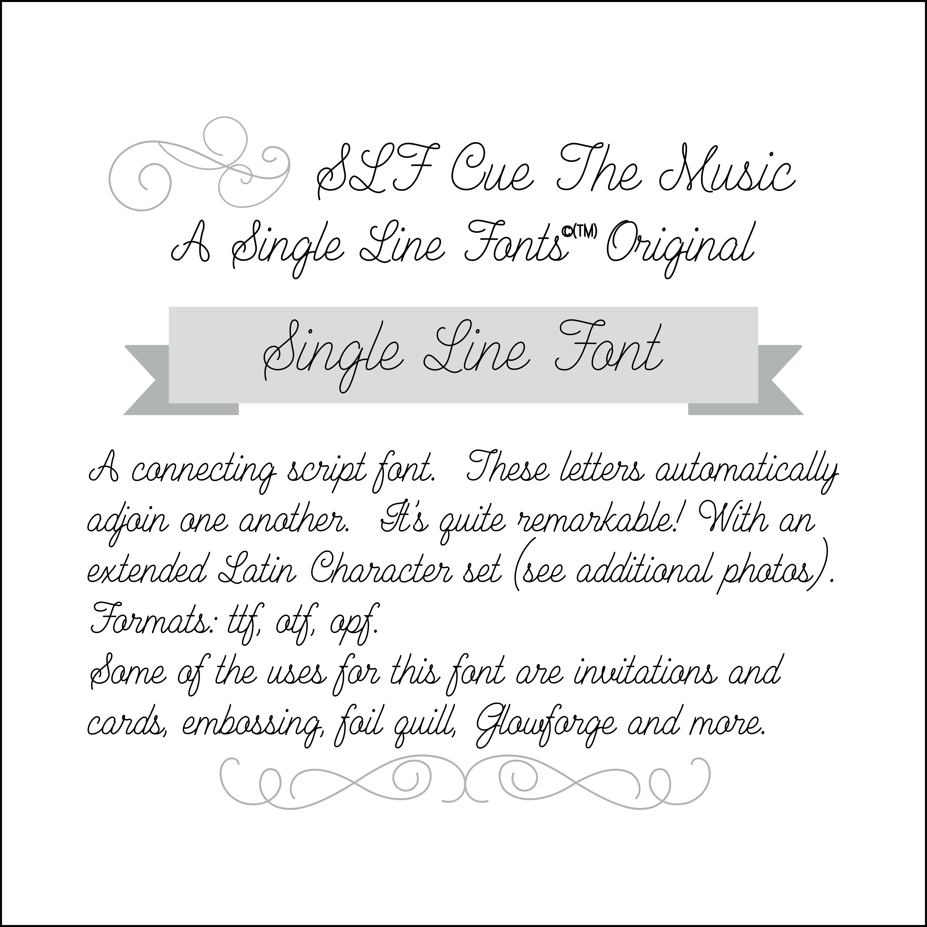 SLF Cue The Music single line print font preview with dynamic lettering
