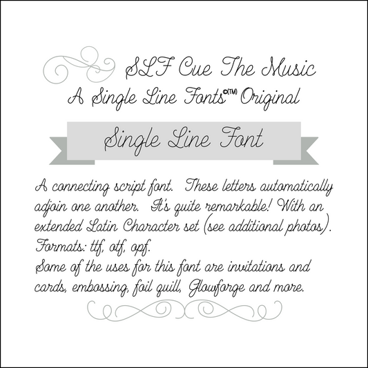 SLF Cue The Music single line print font preview with dynamic lettering