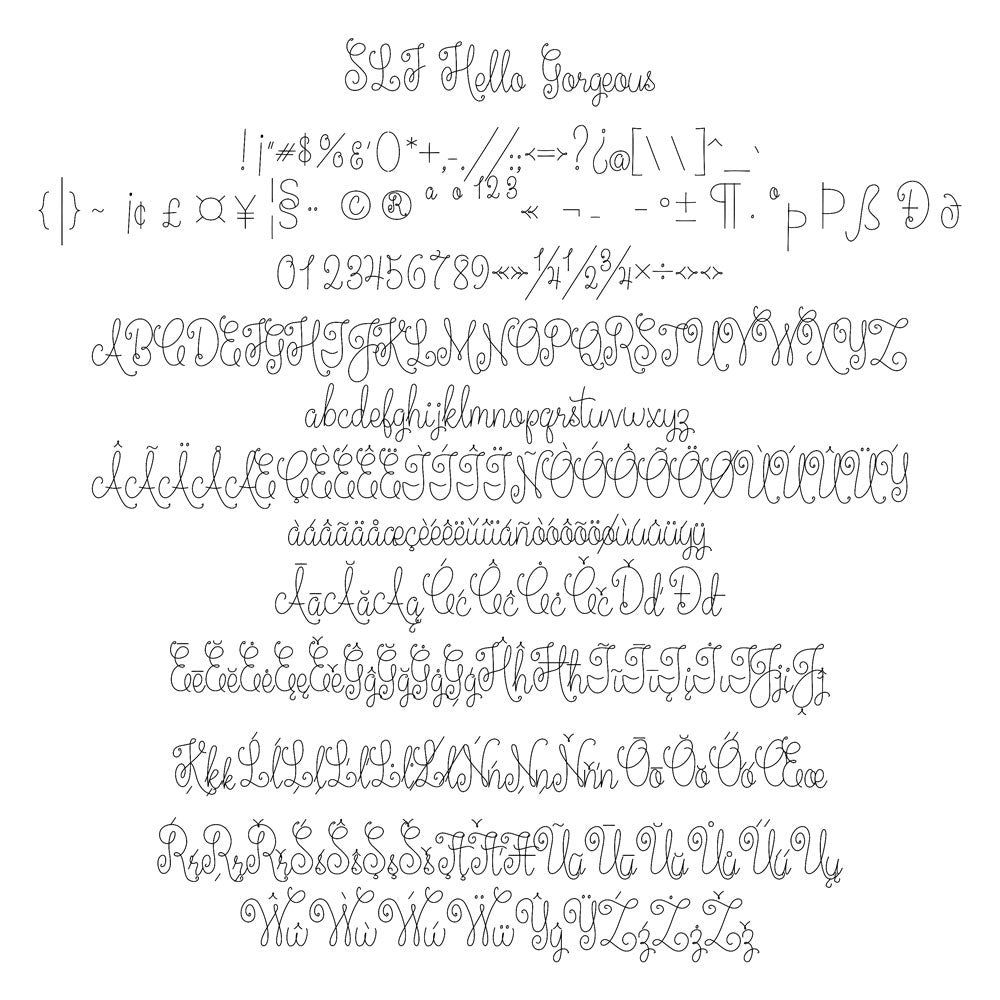 SLF Hello Gorgeous character map with alphabet and symbols