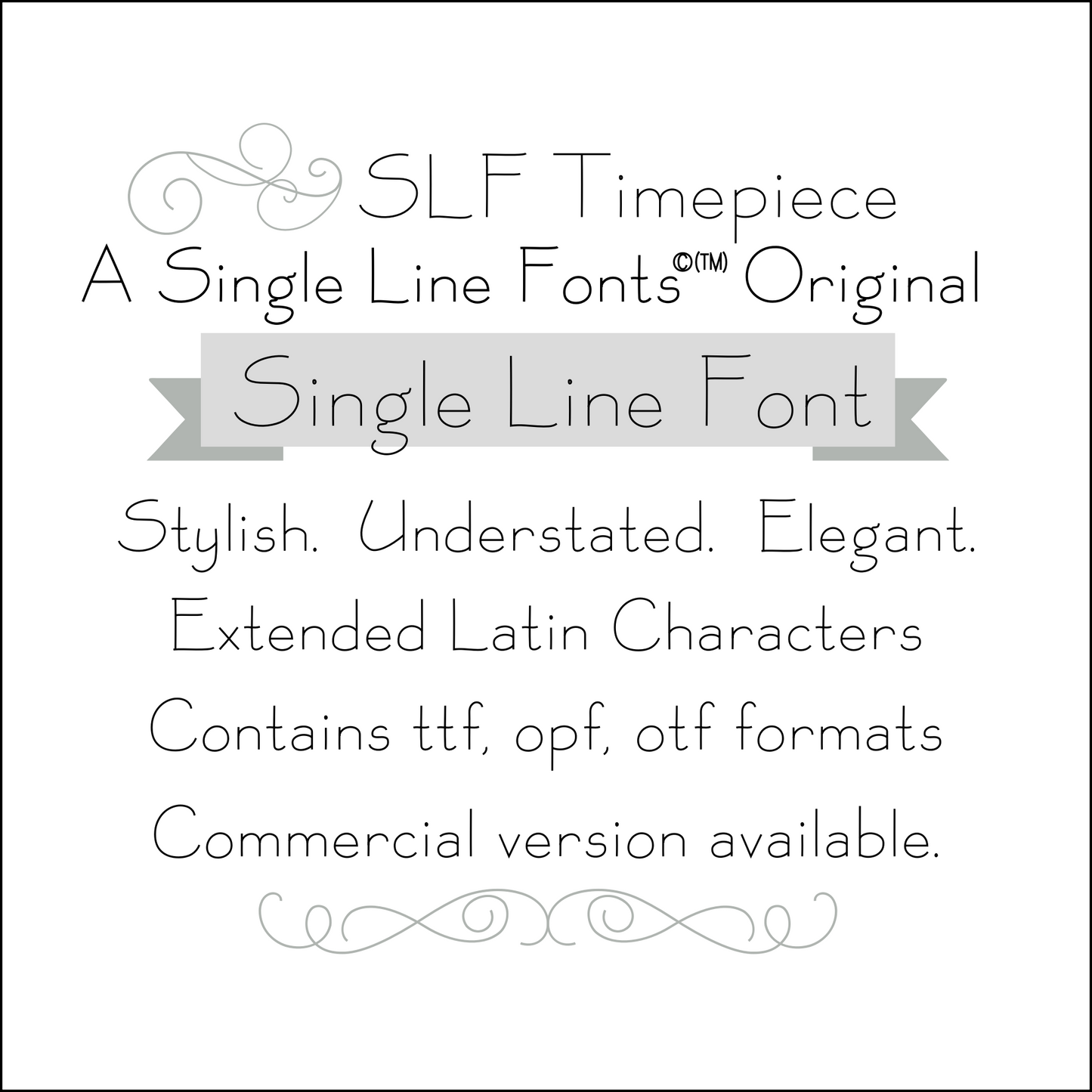 SLF Timepiece single line print font preview with crisp elegant strokes