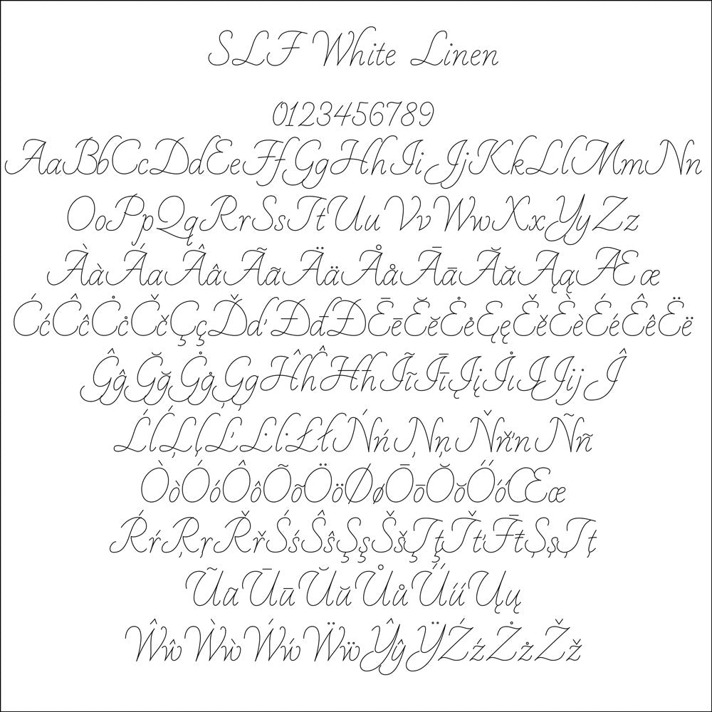 SLF White Linen character map showing alphabet, numbers, punctuation, and accented characters