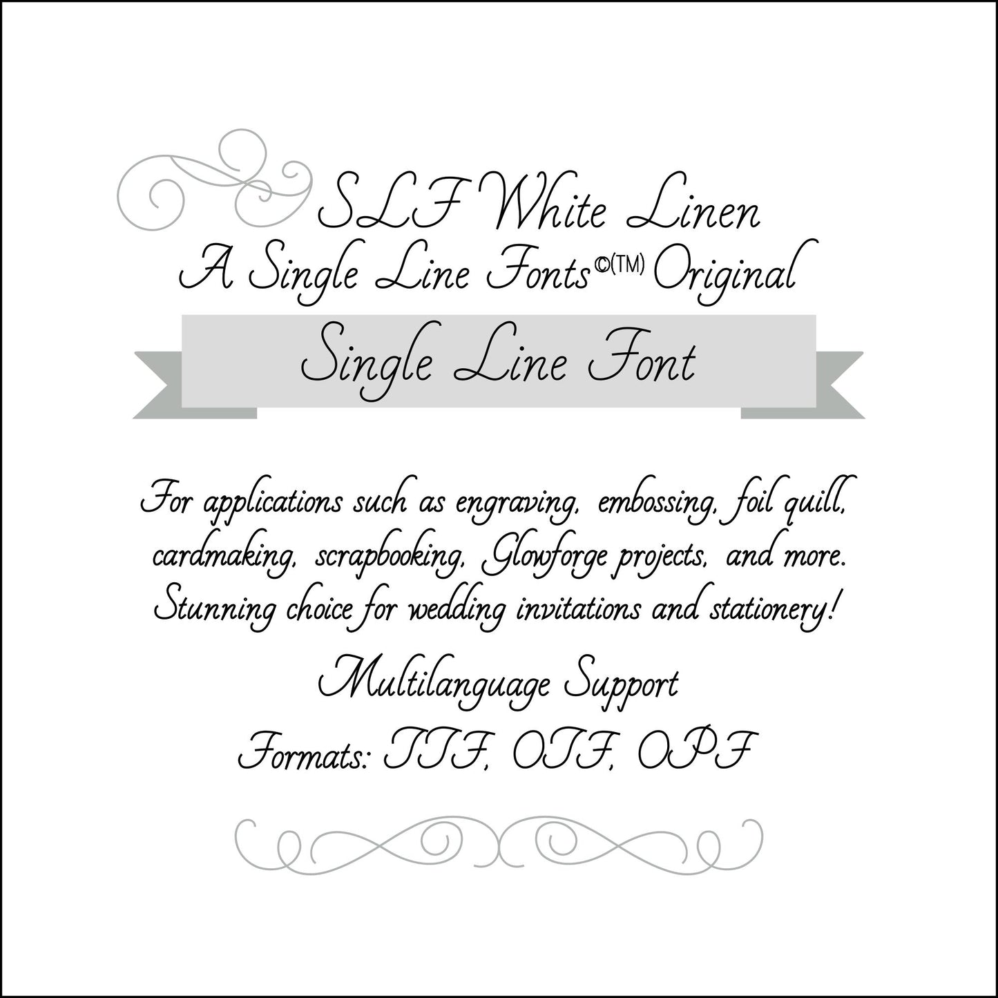 SLF White Linen single line script font cover image with formats TTF, OTF, and OPF