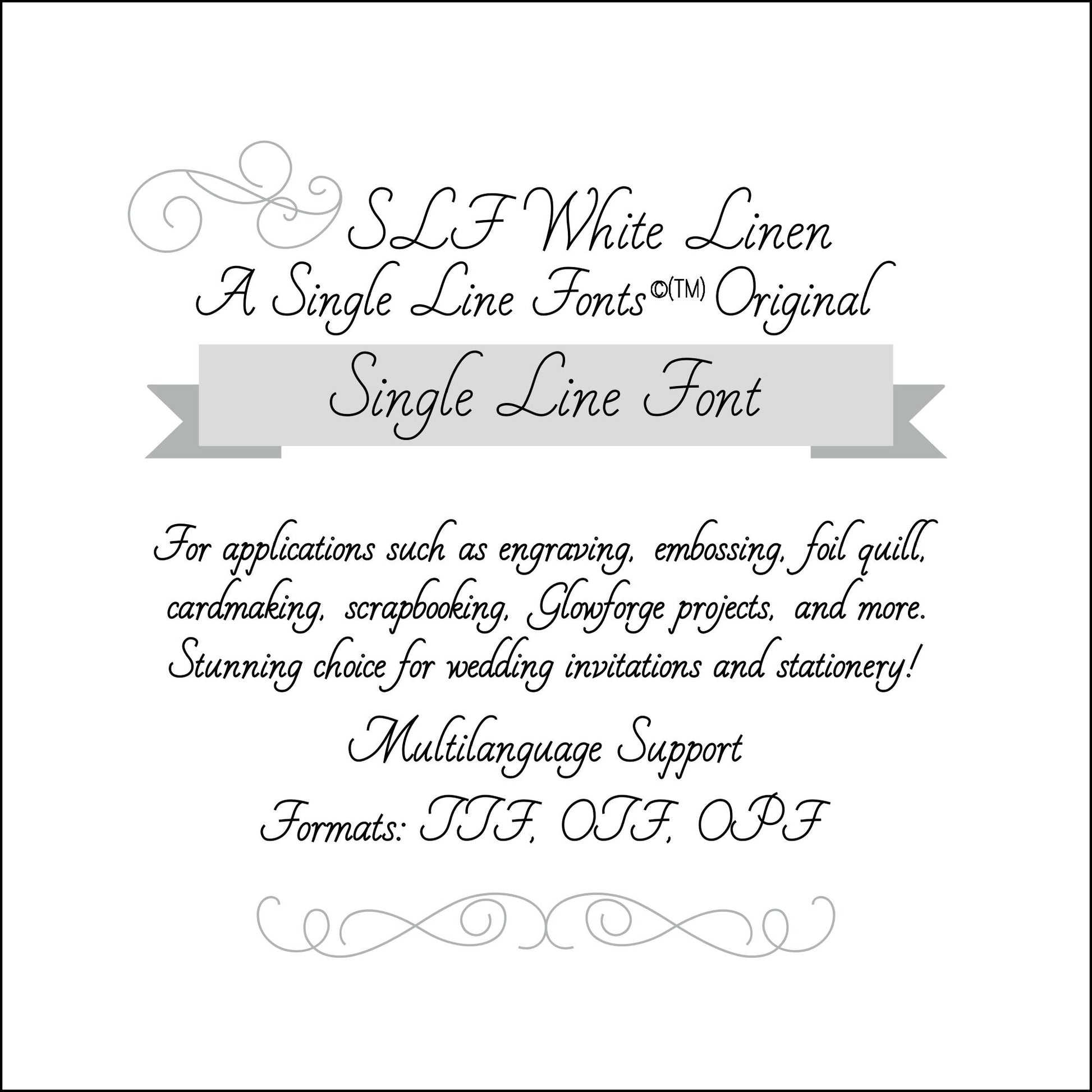 SLF White Linen single line script font cover image with formats TTF, OTF, and OPF