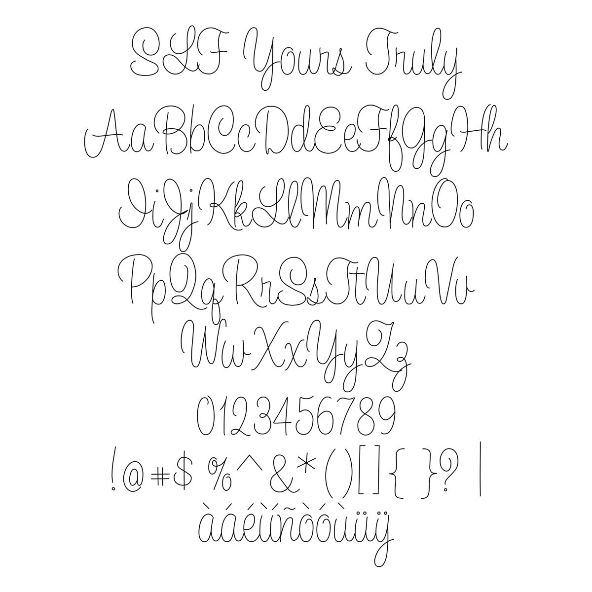 SLF Yours Truly character map showing alphabet, numbers, and symbols