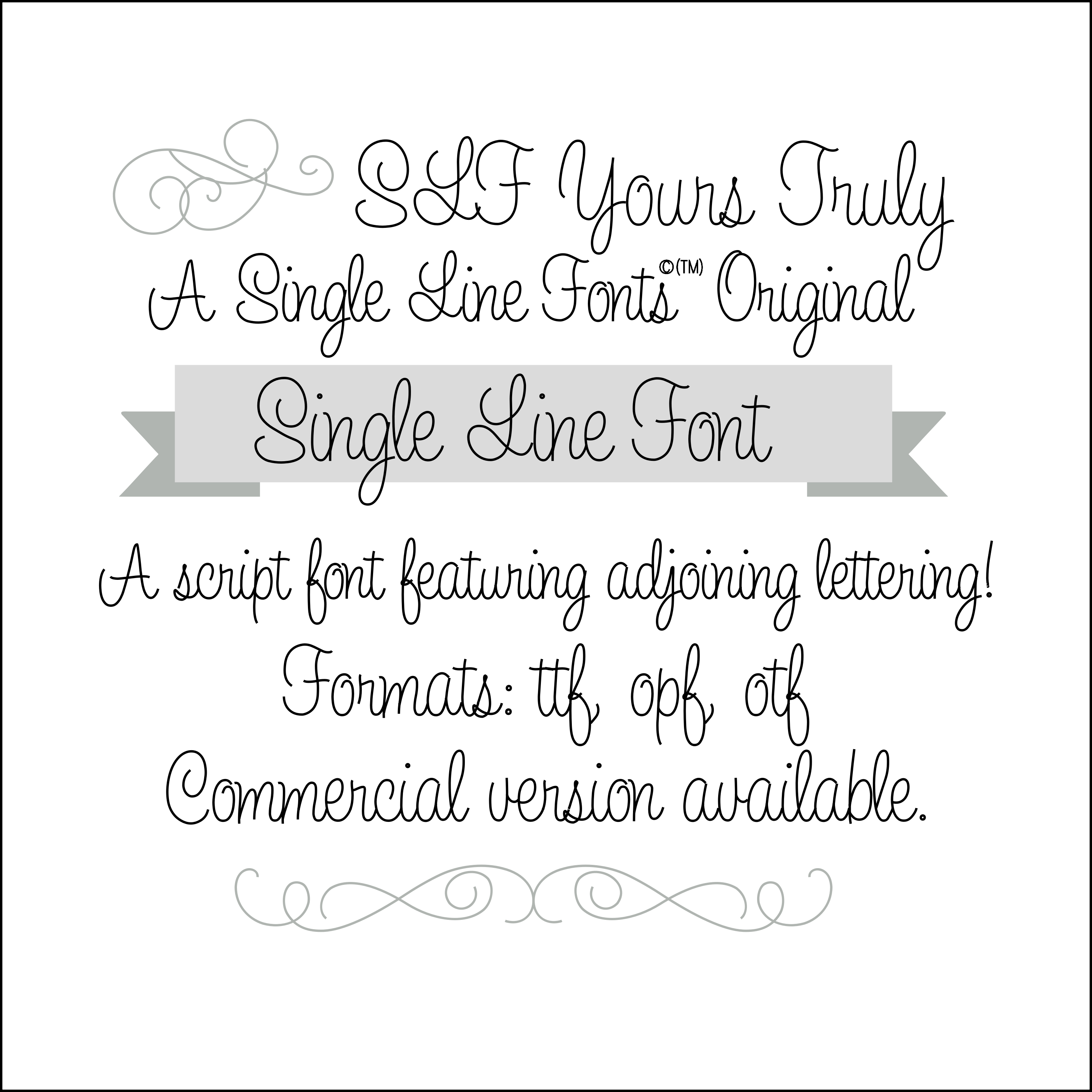 SLF Yours Truly single line script font cover image with title and formats