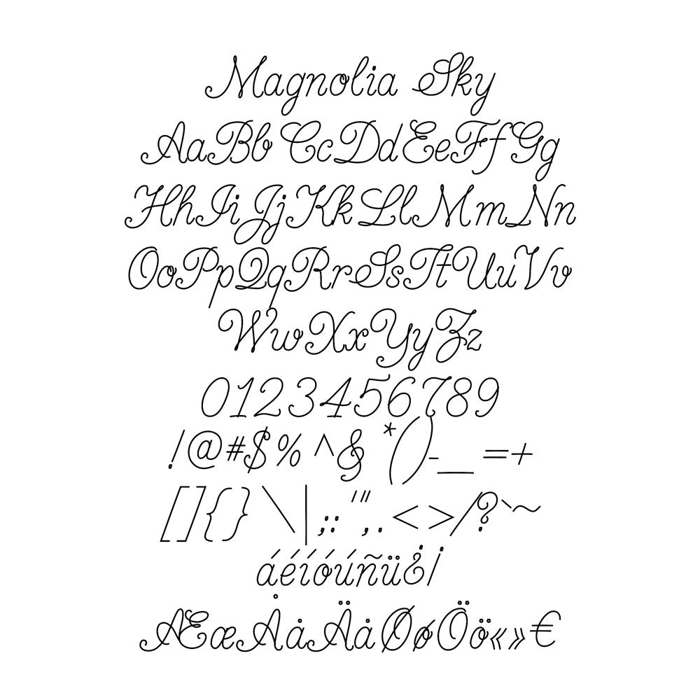 Single Line Font Magnolia Sky character map with all characters including extended latin characters. 