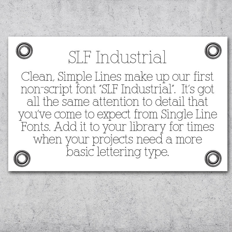 SLF Industrial engraving font sample showing clean simple lines on a metal plaque mockup