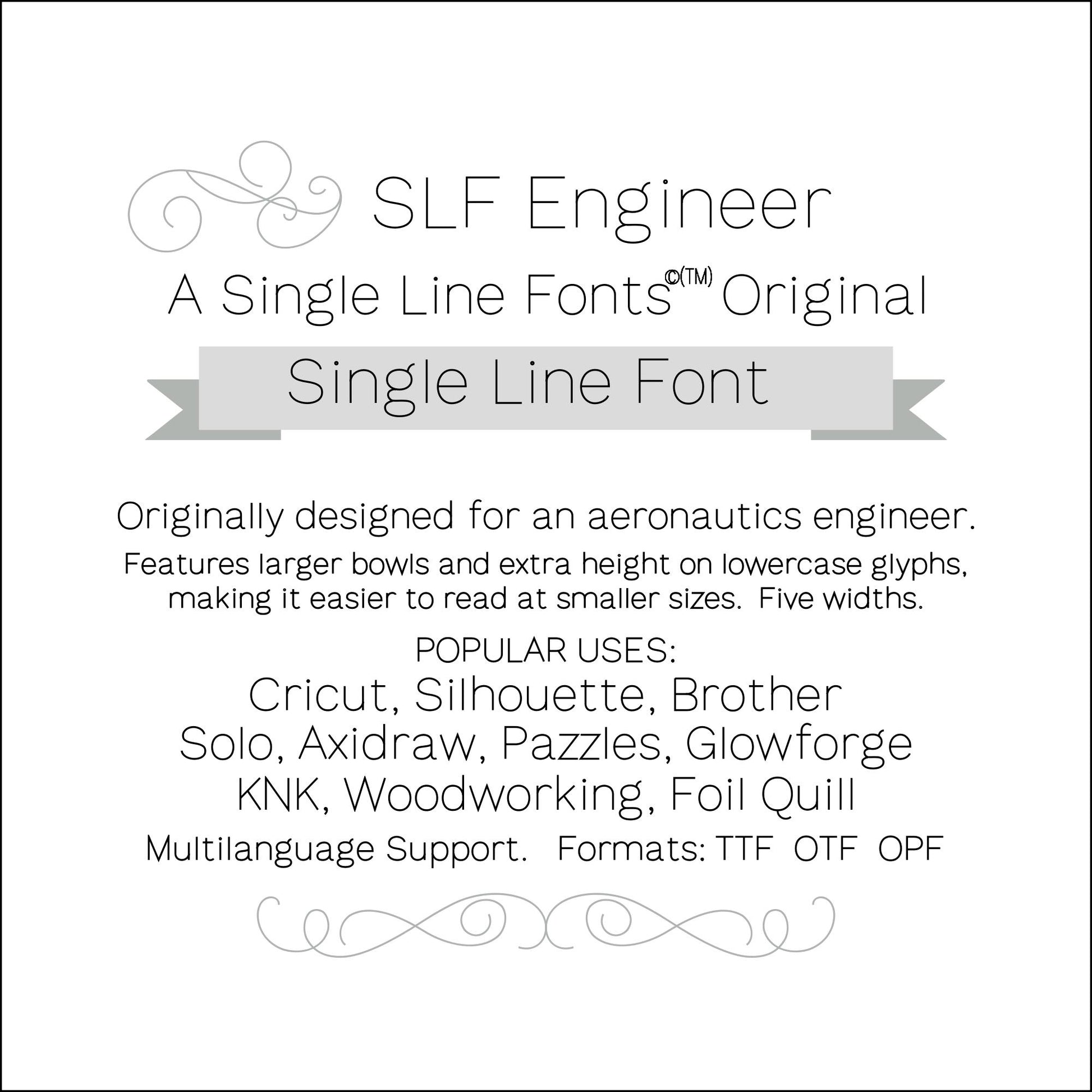 SLF Engineer single line font preview showing technical narrow lettering