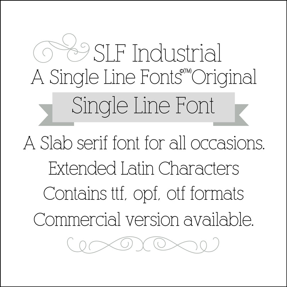 SLF Industrial single line font cover image noting slab serif style and extended Latin characters