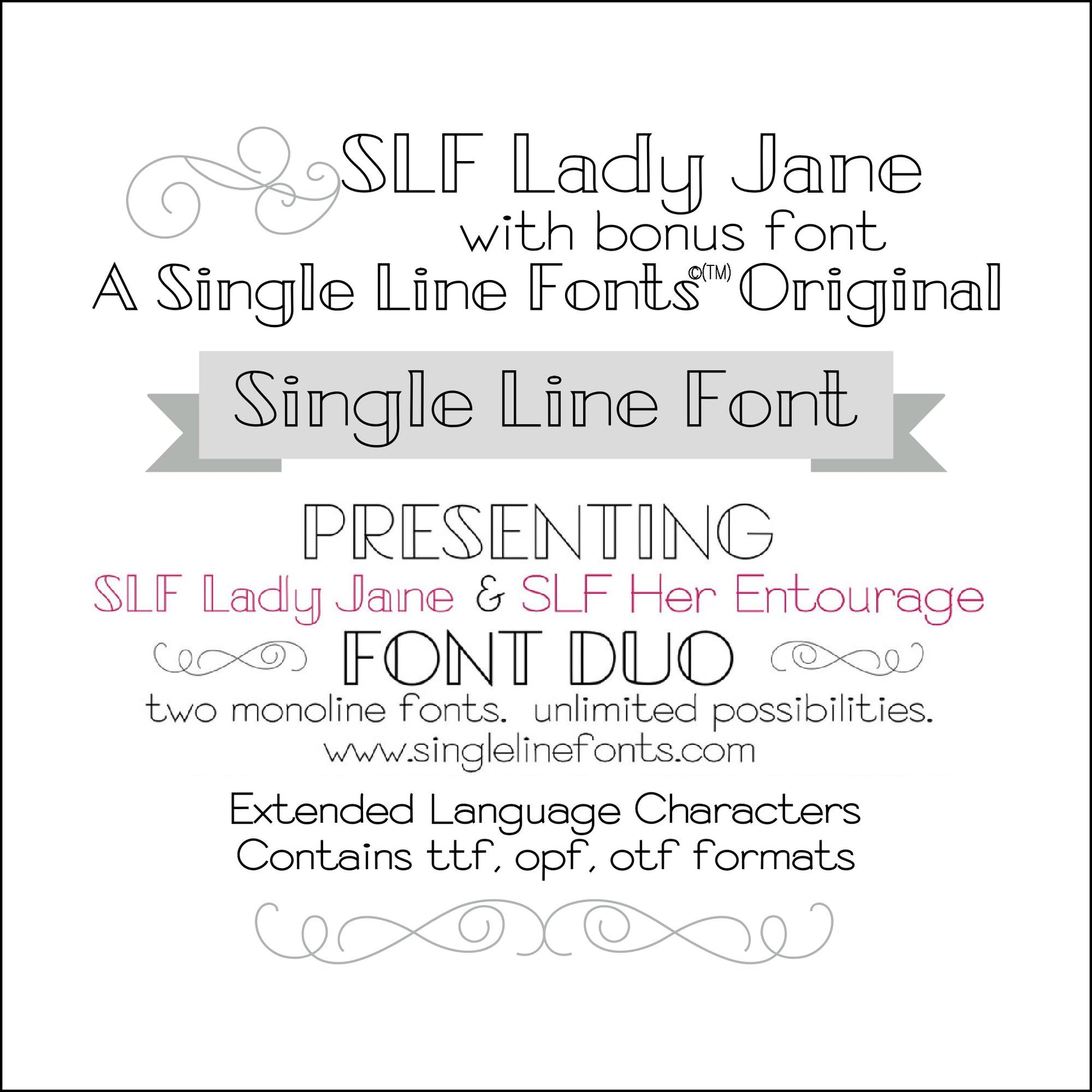 SLF Lady Jane and SLF Her Entourage single line font duo preview