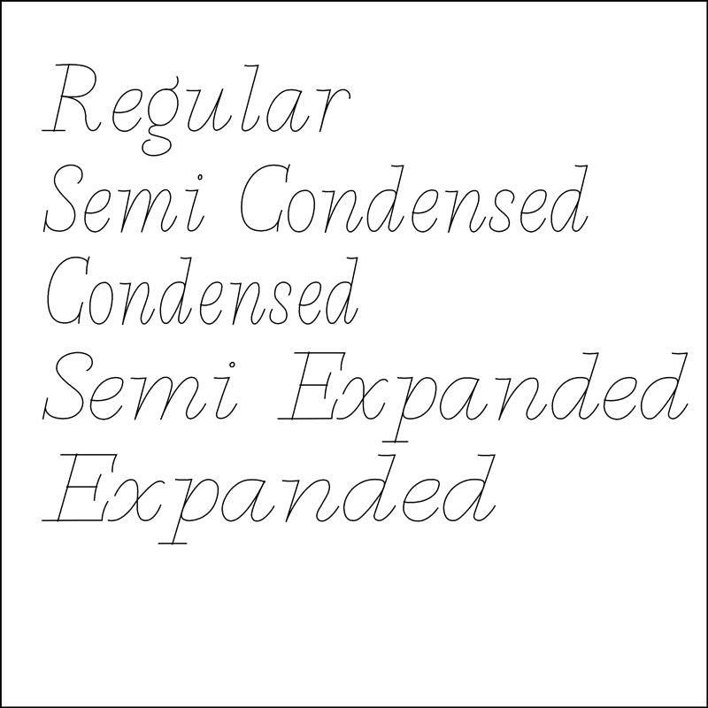 SLF Ramsay character map showing Regular, Semi Condensed, Condensed, Semi Expanded, and Expanded styles
