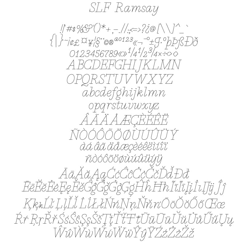 SLF Ramsay character map showing Regular, Semi Condensed, Condensed, Semi Expanded, and Expanded styles