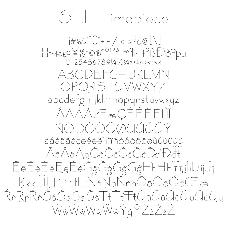 SLF Timepiece character map showing alphabet and symbols